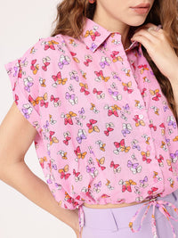 DressBerry Whimsy Fly Printed Shirt Style Crop Top