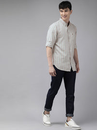 THE BEAR HOUSE Men Grey & Pink Slim Fit Striped Casual Shirt