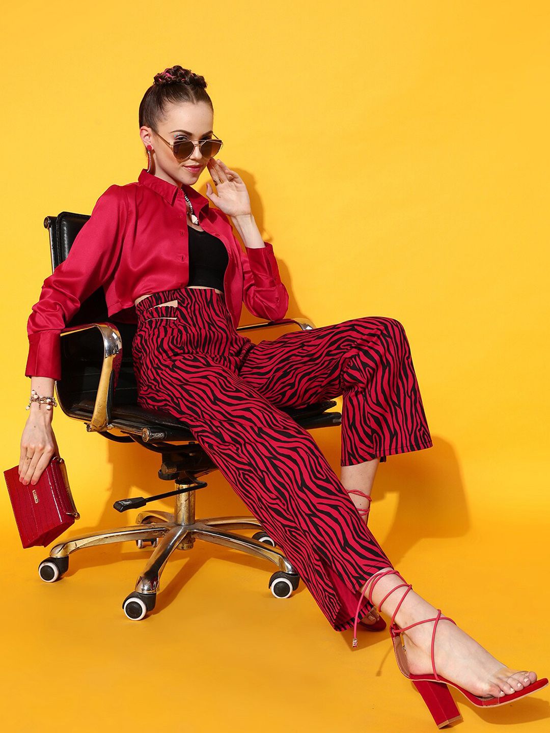 STREET 9 Women Red Abstract Printed Smart Straight Fit High-Rise Trousers
