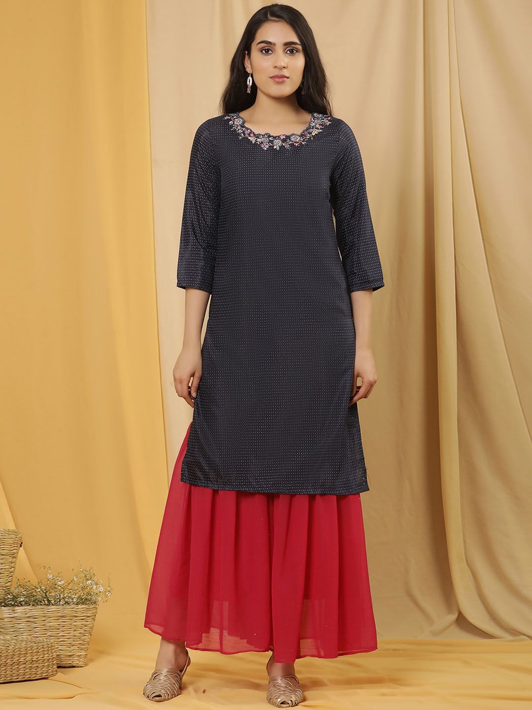 W Printed Regular Thread Work Kurta with Sharara