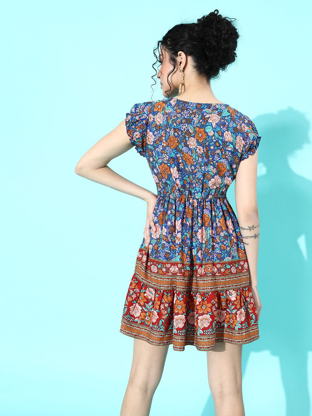 Berrylush Women Blue & Red Floral Mini Fit & Flare Dress