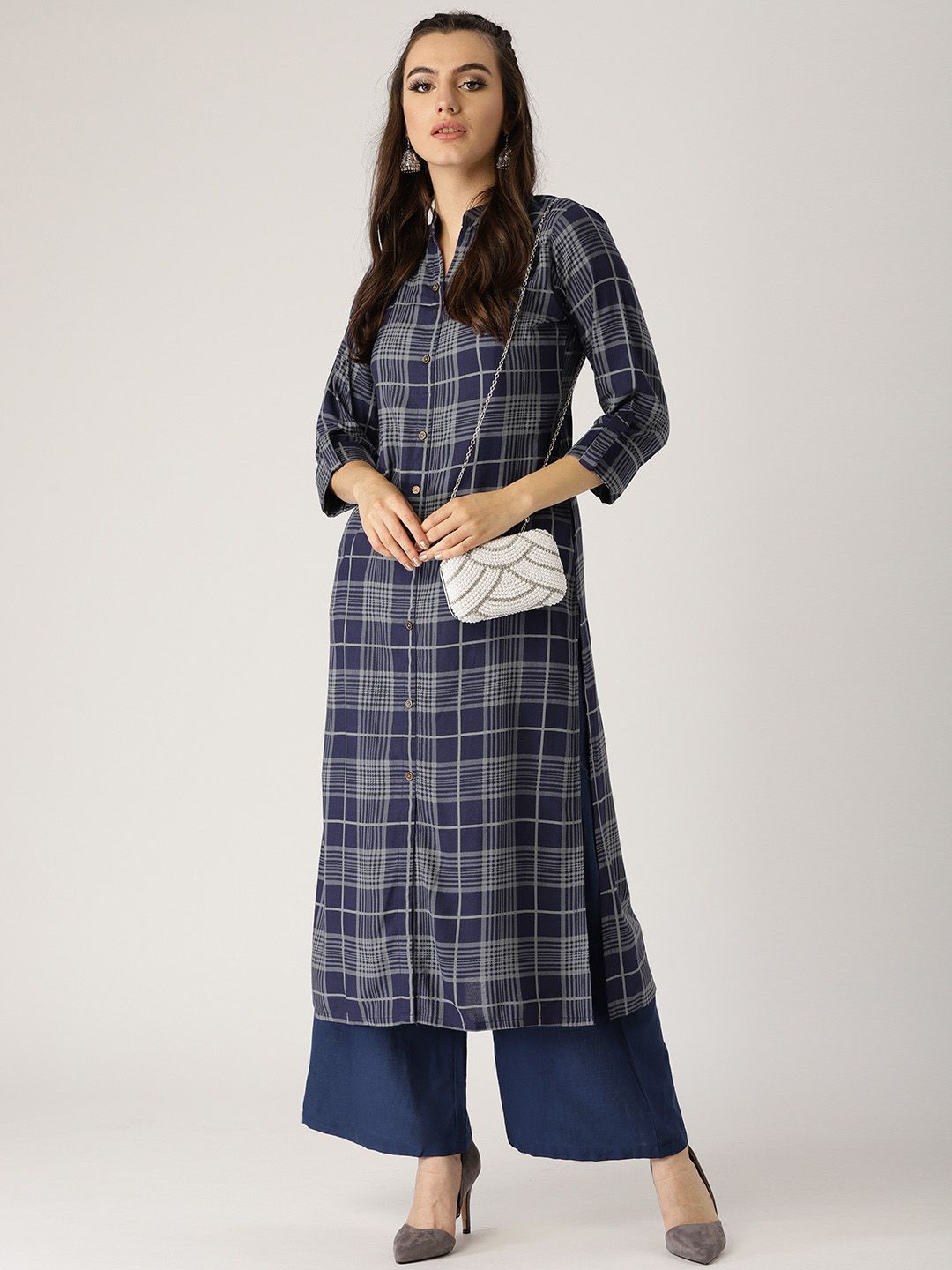 Libas Women Purple & Grey Checked Straight Kurta