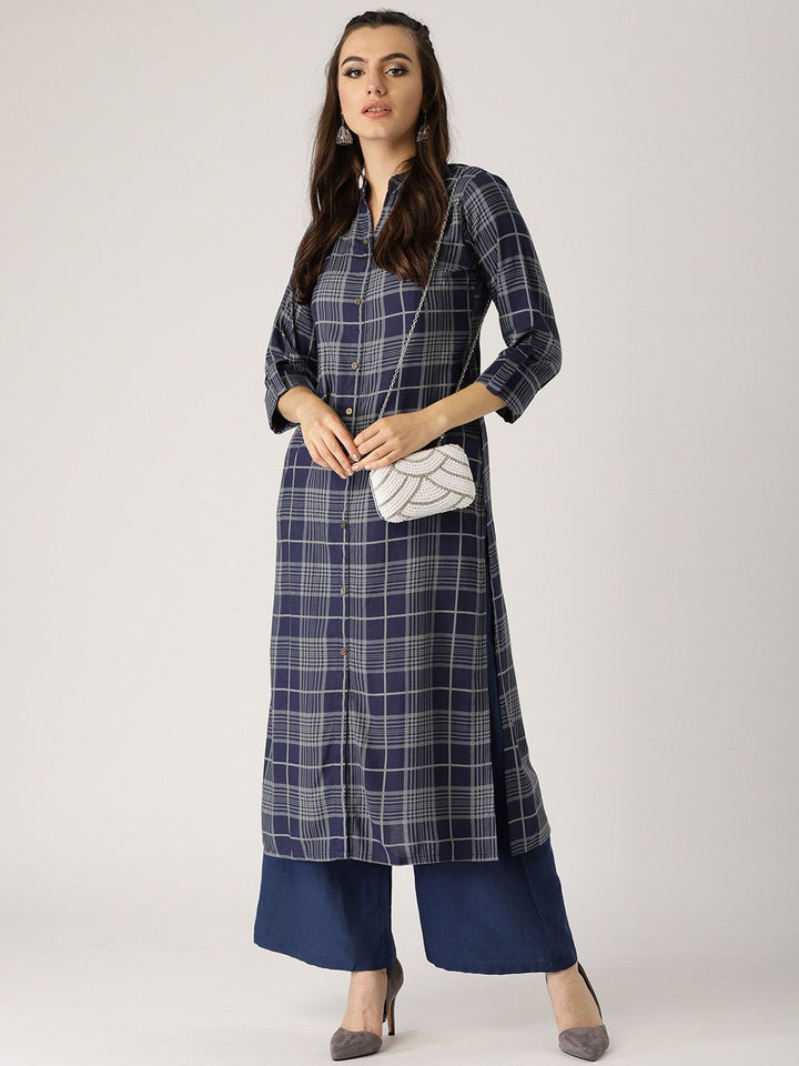 Libas Women Purple & Grey Checked Straight Kurta