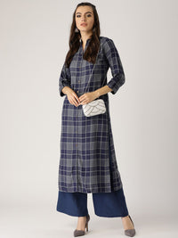 Libas Women Purple & Grey Checked Straight Kurta
