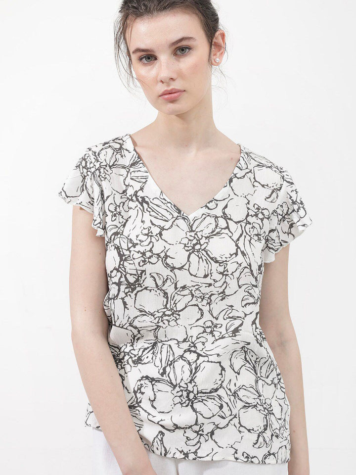 RAREISM V-Neck Floral Print Flutter Sleeve Top
