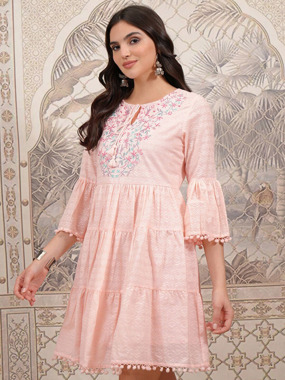 Vishudh Pink Tie-Up Neck Cotton Bell Sleeve Fit & Flare Dress