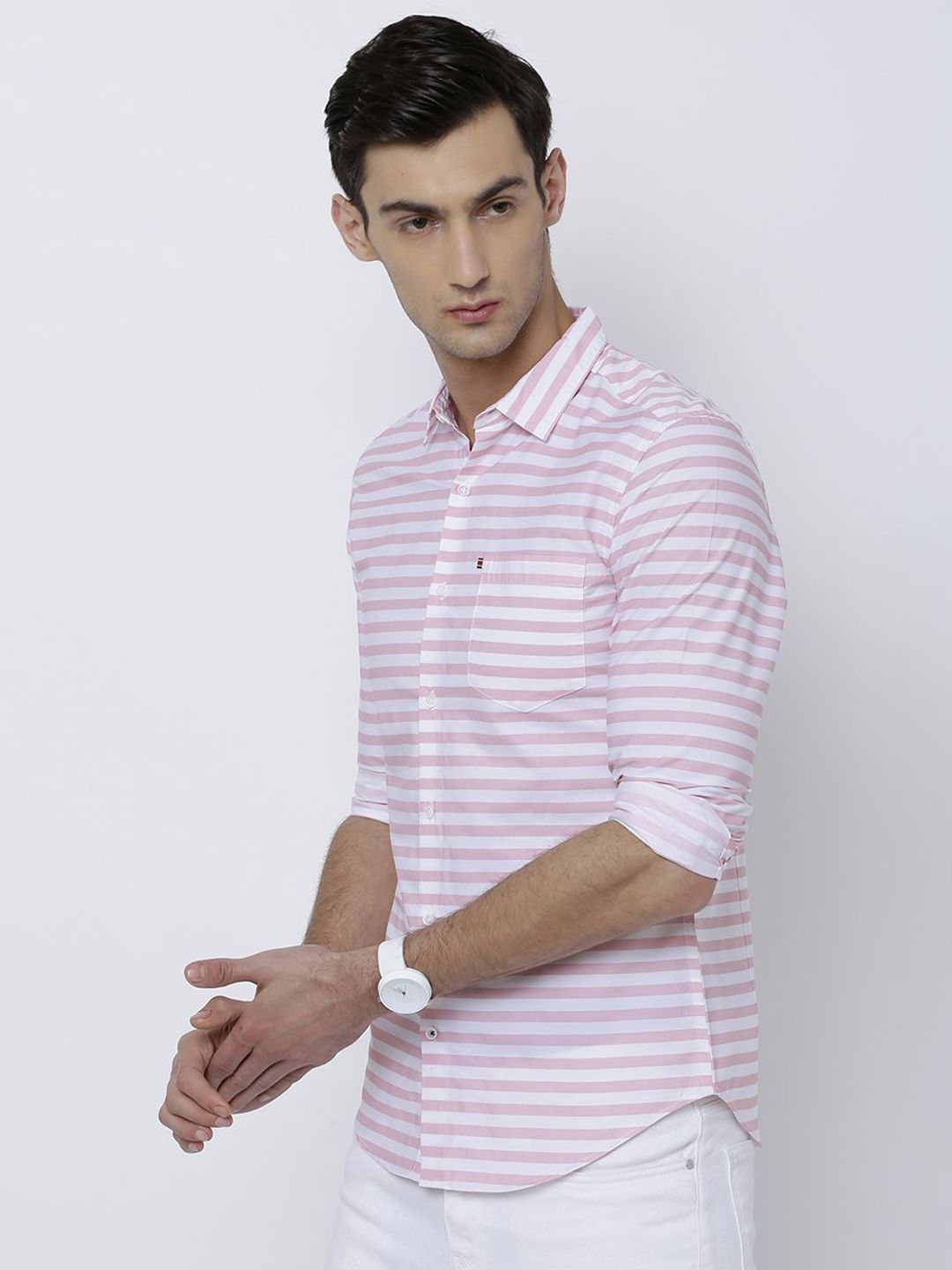 HIGHLANDER Men Coral Slim Fit Striped Shirt