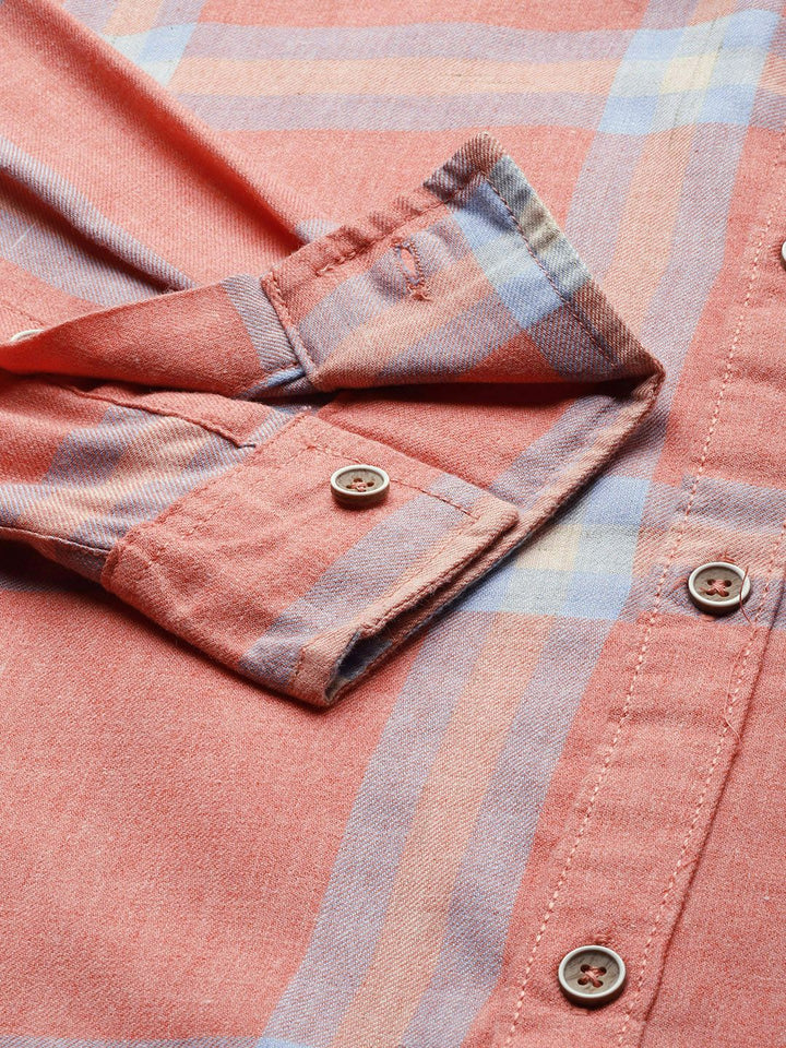 The Indian Garage Co Men Coral Pink & Blue Checked Pure Cotton Casual Shirt
