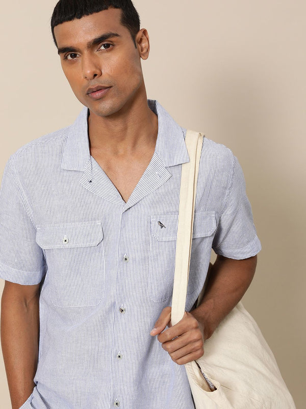 Mr Bowerbird Men Navy Blue & White Liberal Fit Striped Casual Shirt