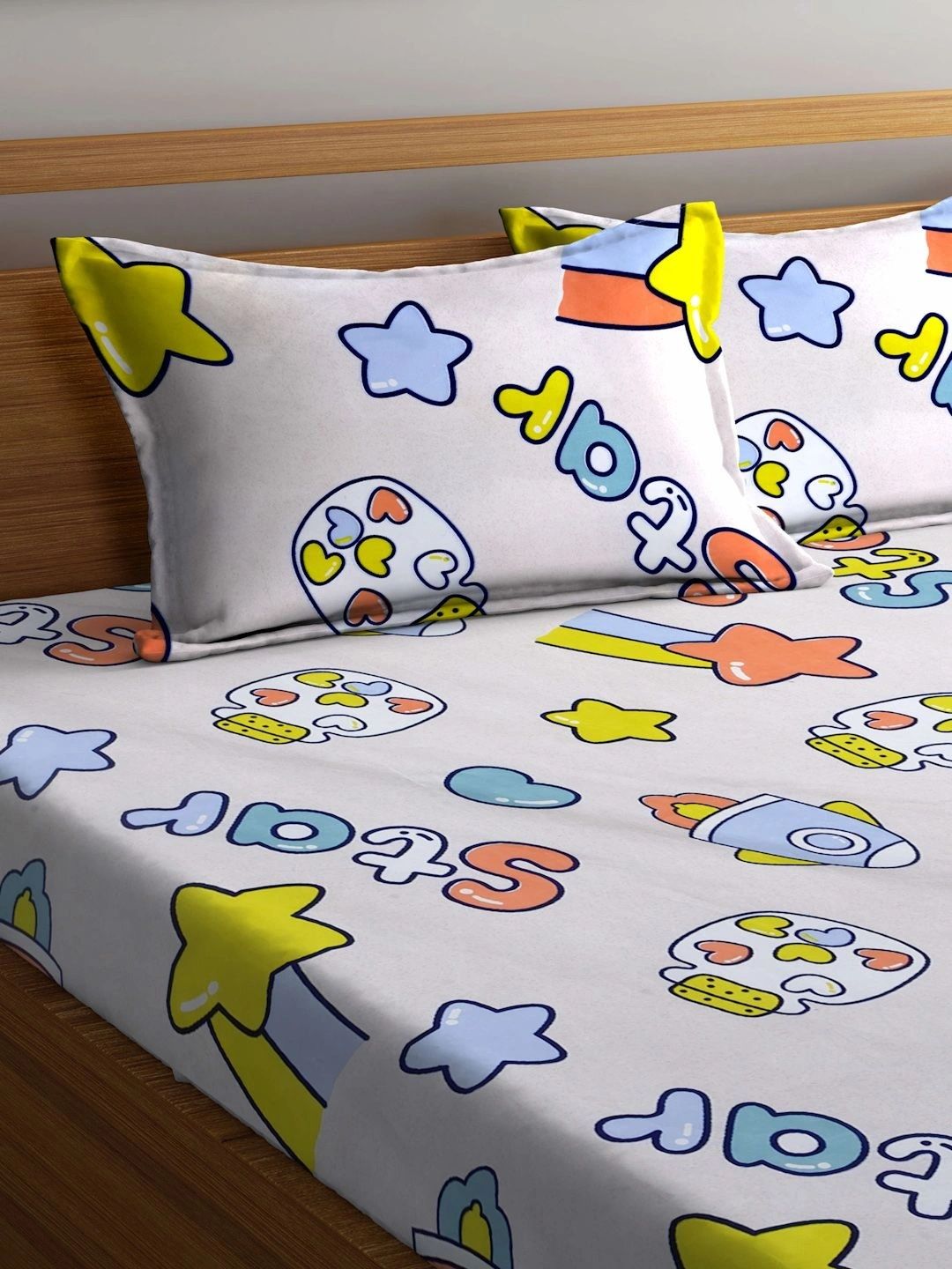 Myntra Elegant Homes Multicoloured Cartoon Characters 300 TC King Bedsheet with 2 Pillow Covers