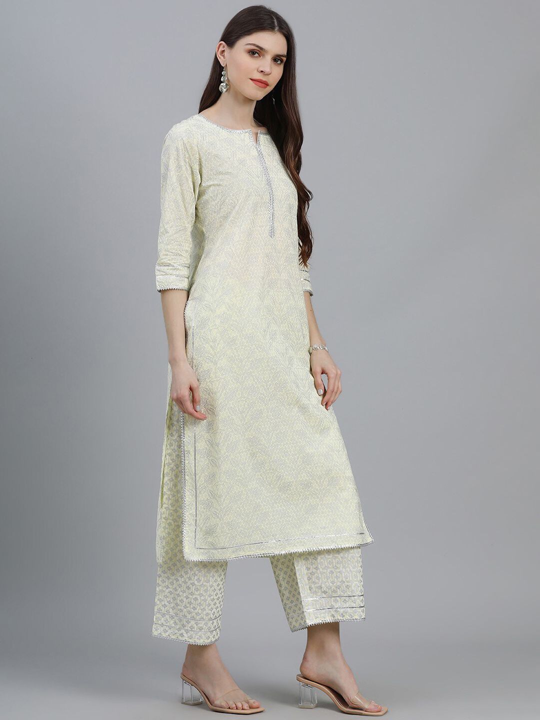 Libas Women Yellow & Silver-Coloured Cotton Printed Kurta with Palazzos & Dupatta