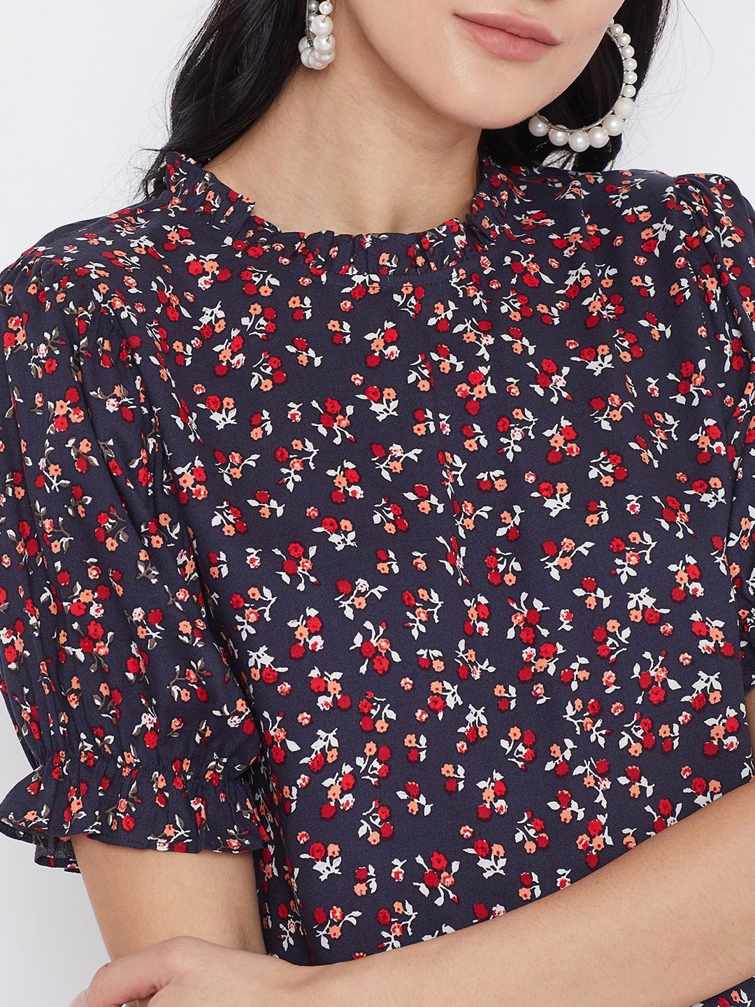 Berrylush Navy Blue Floral Printed Top With Puff Sleeves