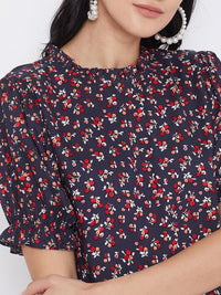 Berrylush Navy Blue Floral Printed Top With Puff Sleeves