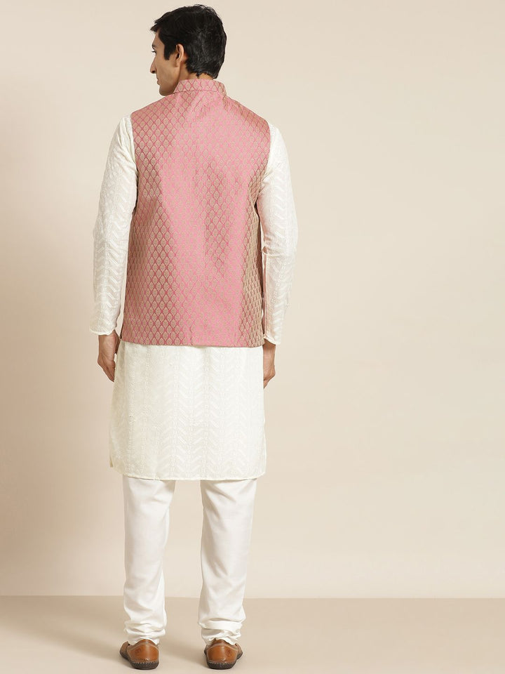 SOJANYA Men Cream-Coloured Chikankari Pure Cotton Kurta with Churidar & Nehru Jacket