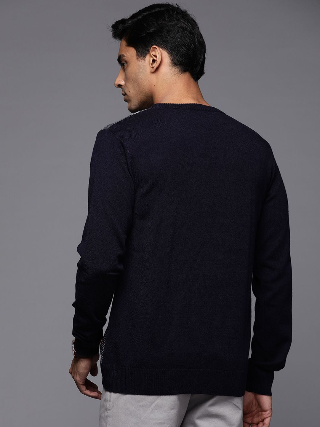 Raymond Men Navy Blue & Grey Striped Sweater