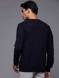 Raymond Men Navy Blue & Grey Striped Sweater