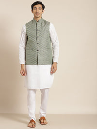 SOJANYA Men White Chikankari Pure Cotton Kurta with Churidar & Nehru Jacket