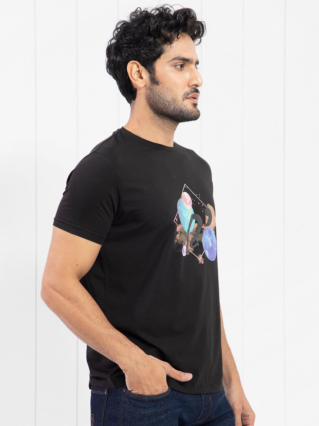 RARE RABBIT Men Moreno Graphic Printed Slim Fit Cotton T-Shirt