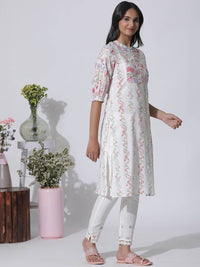 W Floral Printed Mandarin Collar Puffed Sleeves Regular Pure Cotton Kurta With Trousers