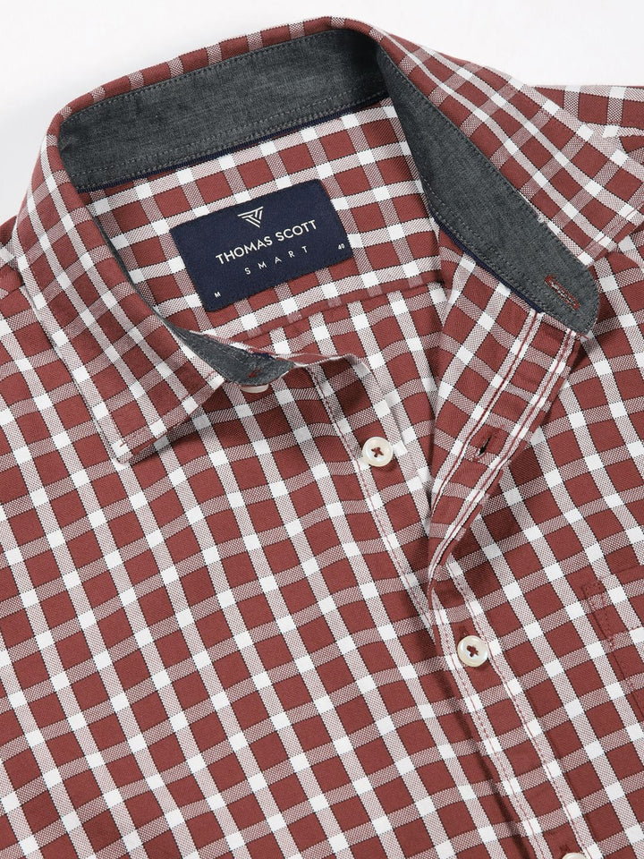 Thomas Scott Men Premium Slim Fit Gingham Checked Spread Collar Casual Shirt