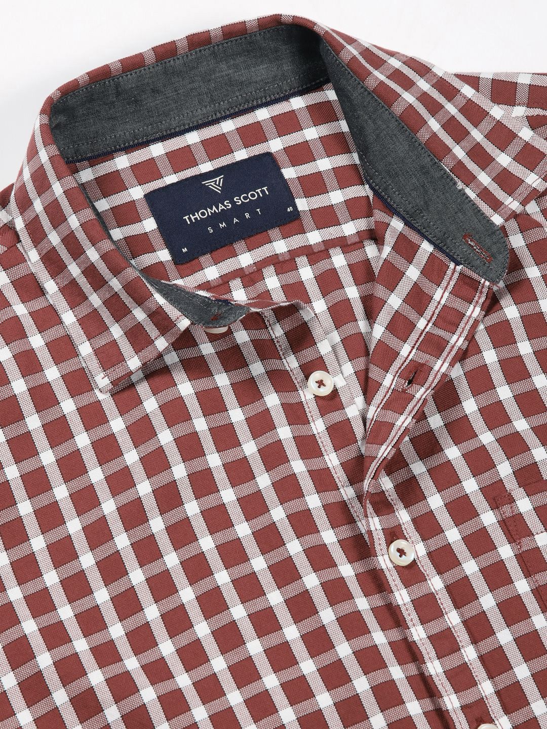 Thomas Scott Men Premium Slim Fit Gingham Checked Spread Collar Casual Shirt