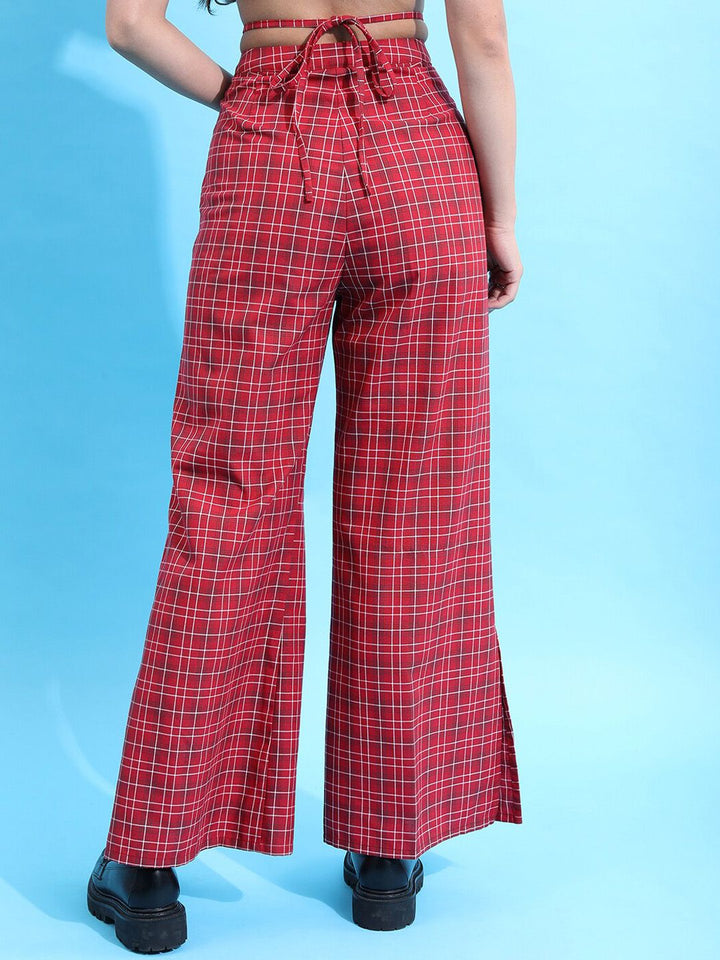 Tokyo Talkies Women Maroon Checked Flared Trousers