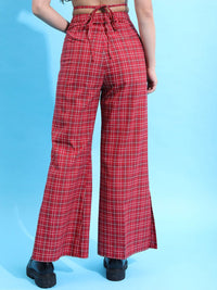 Tokyo Talkies Women Maroon Checked Flared Trousers