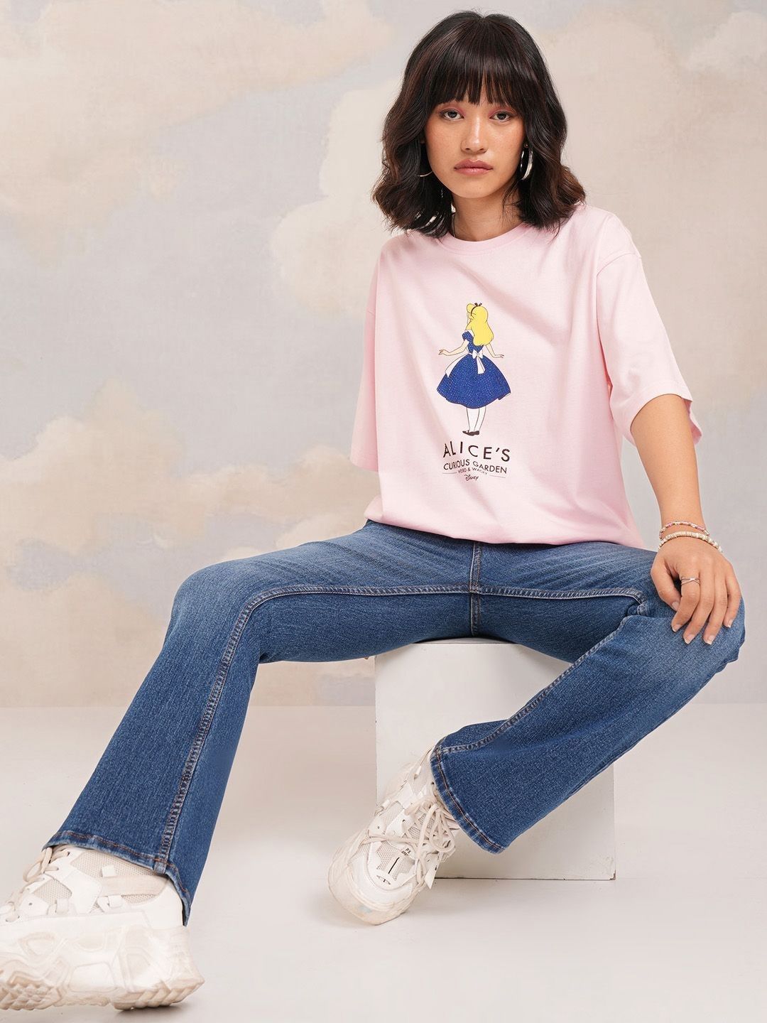 Tokyo Talkies Women Alice in Wonderland Printed Boxy Pure Cotton Tshirt