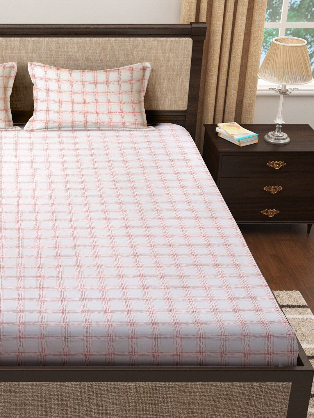 KLOTTHE  White & Orange Geometric 300 TC King Bedsheet With 2 Pillow covers