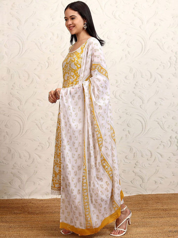 Vishudh Yellow Printed Sleevsless Pure Cotton Anarkali Kurta With Trousers & Dupatta