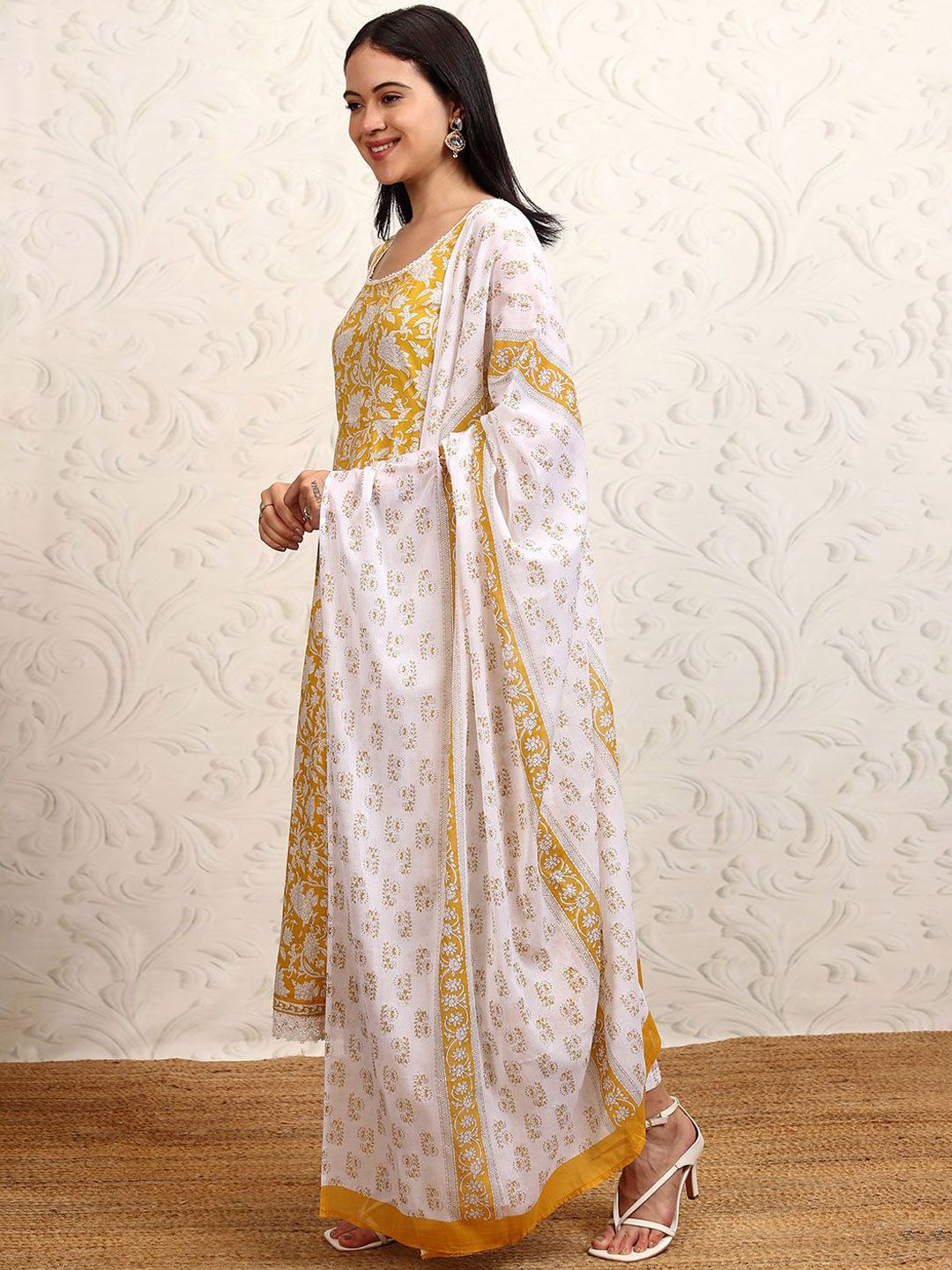 Vishudh Yellow Printed Sleevsless Pure Cotton Anarkali Kurta With Trousers & Dupatta