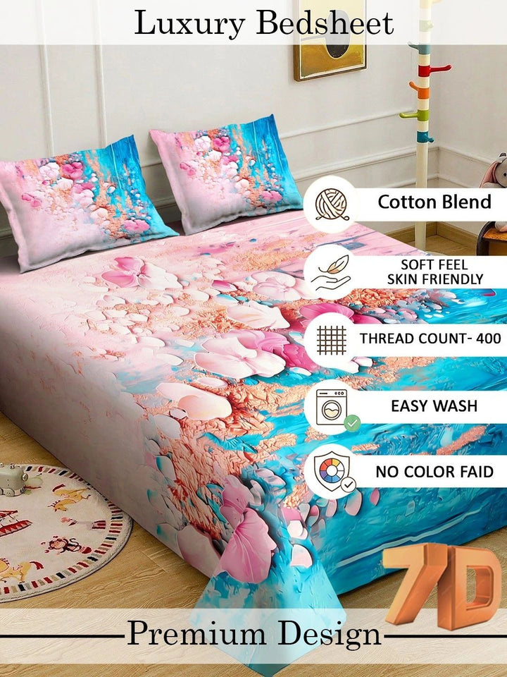 Moda Rapido X KLOTTHE Biru & Merah Jambu Bunga 400 TC Cadar King dengan 2 Sarung Bantal