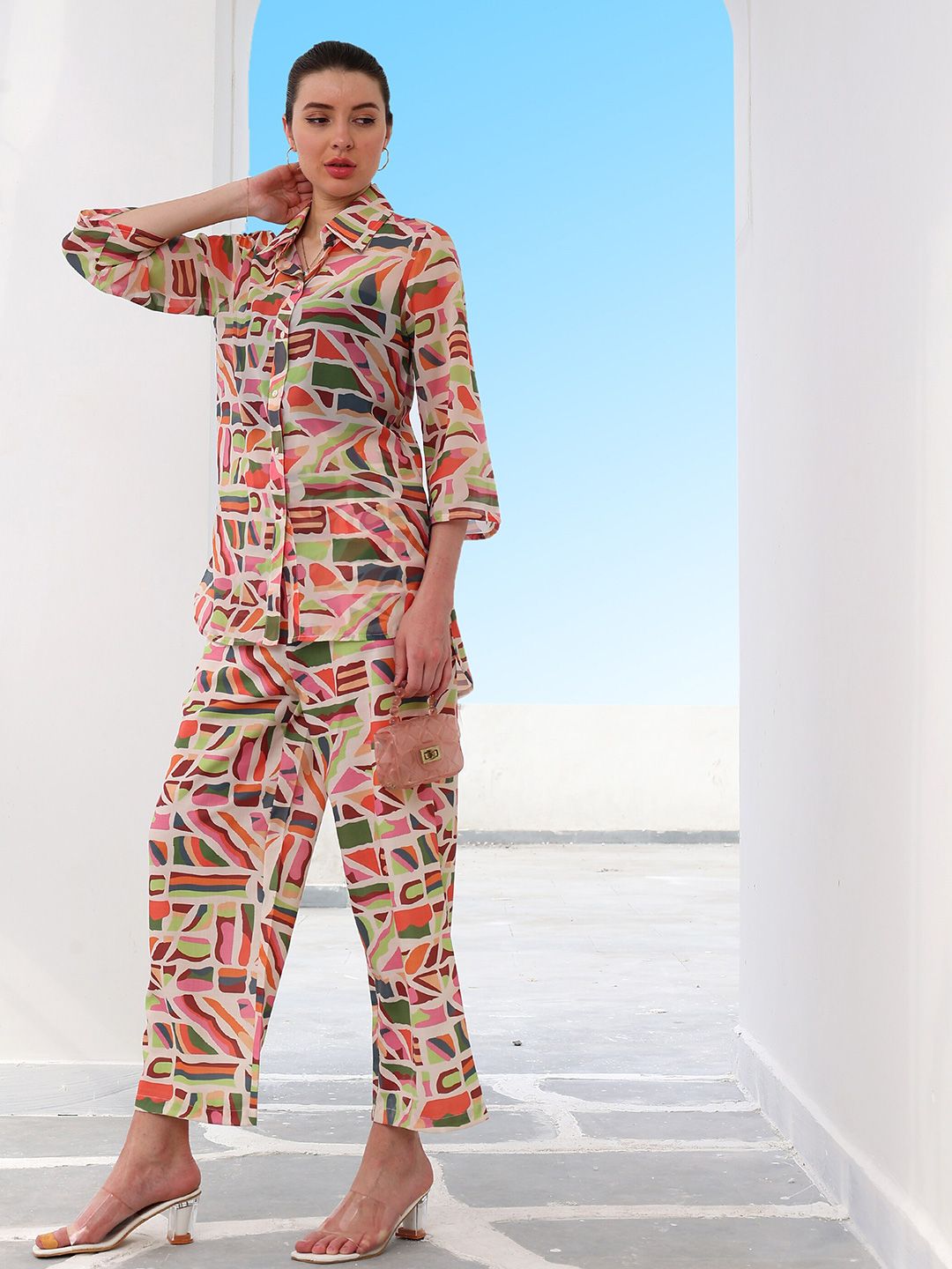 Athena Abstract Printed Georgette Shirt Style Top