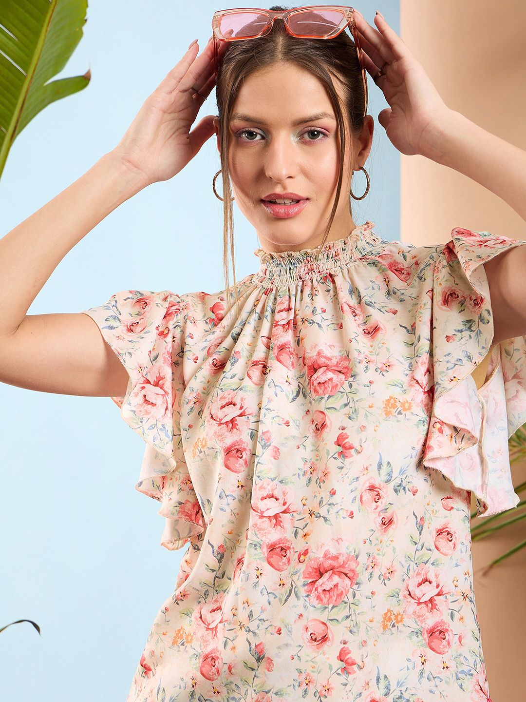 SASSAFRAS Floral Print Flared Sleeve Smocked Top