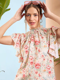 SASSAFRAS Floral Print Flared Sleeve Smocked Top