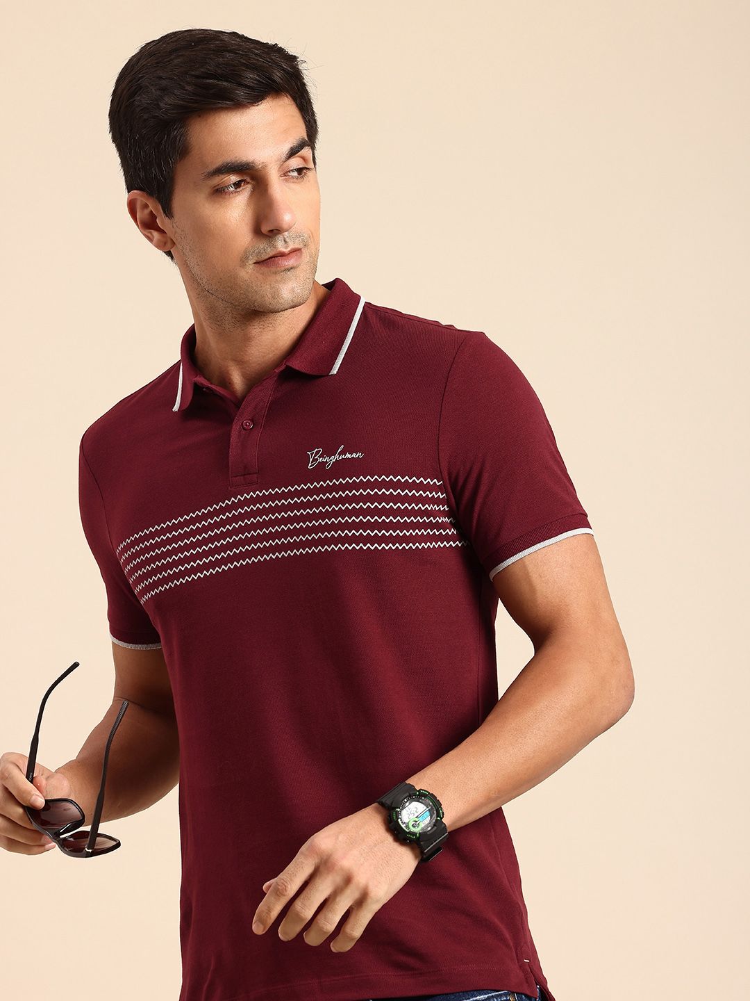 Being Human Geometric Printed Polo Collar Pure Cotton T-shirt