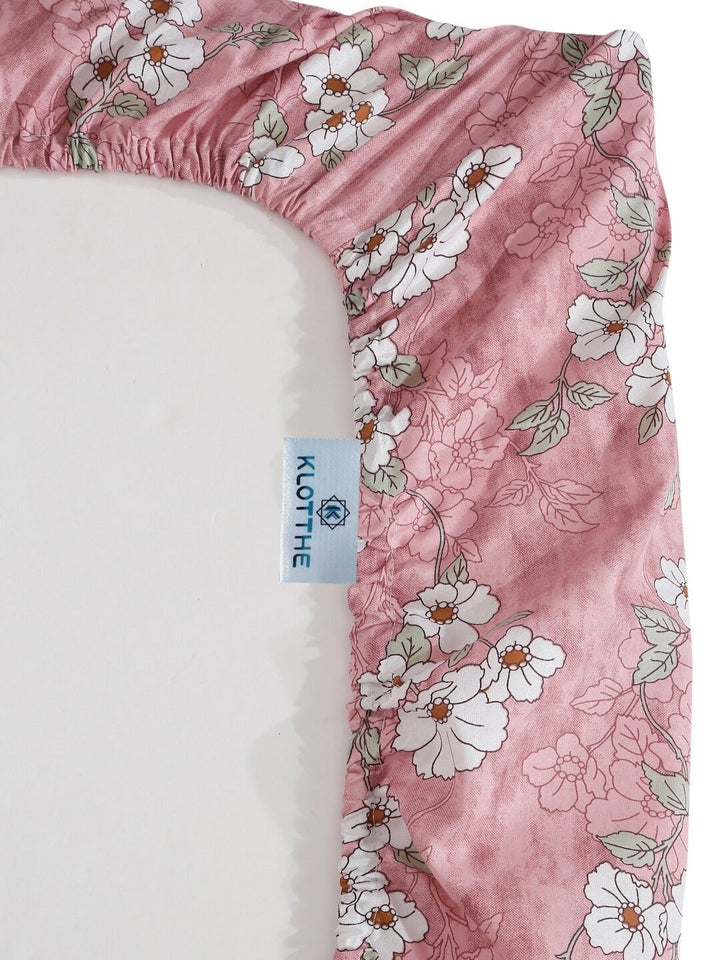 KLOTTHE Pink Printed Pure Cotton 400TC Single Fitted Bedsheet Set