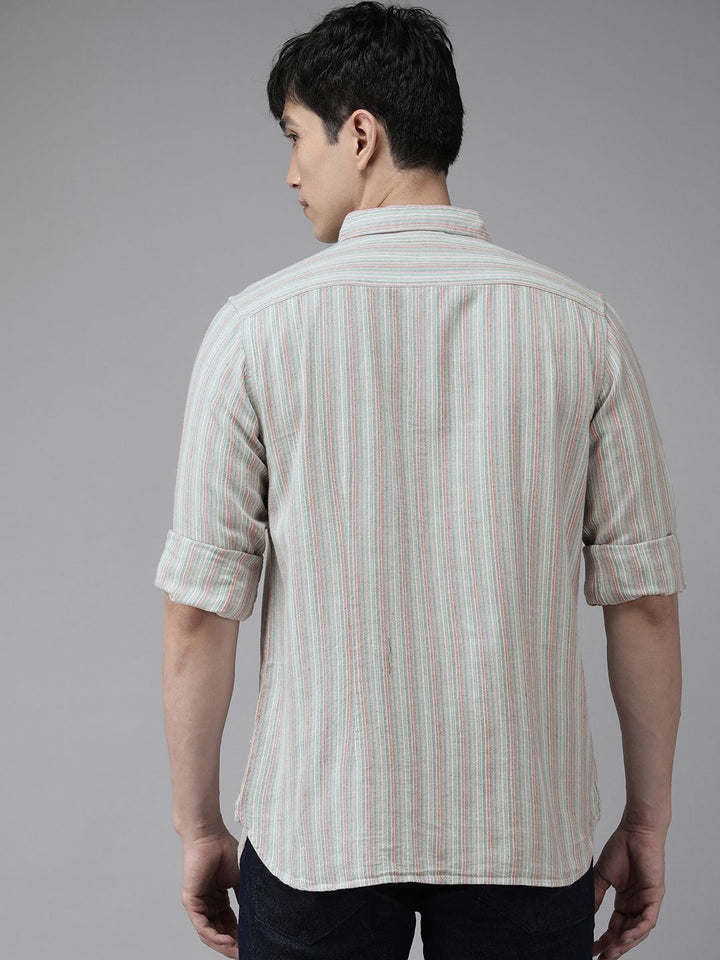 THE BEAR HOUSE Men Grey & Pink Slim Fit Striped Casual Shirt