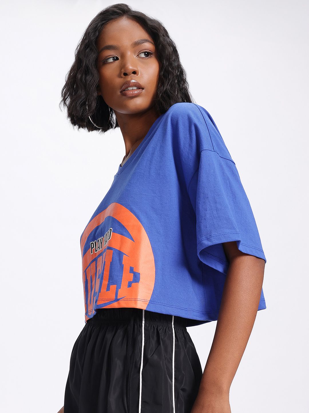 DressBerry Typo Trend Printed Drop-Shoulder Sleeves Crop Boxy T-shirt