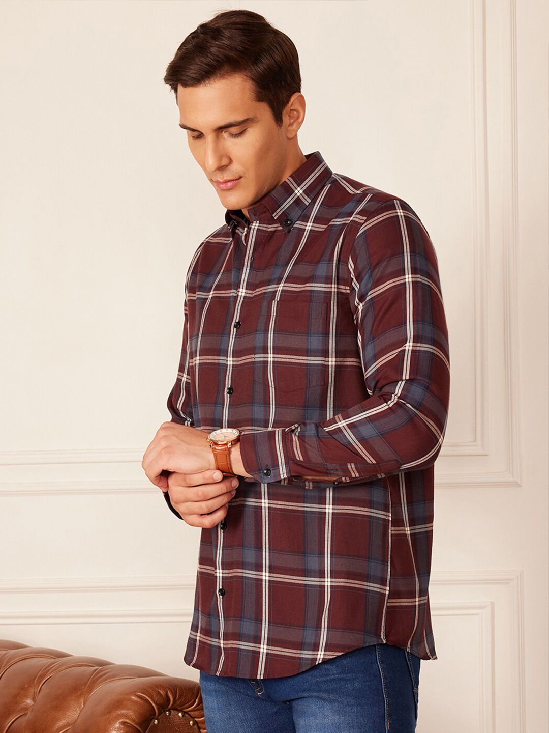 DENNISON Smart Tartan Checks Checked Button-Down Collar Casual Shirt