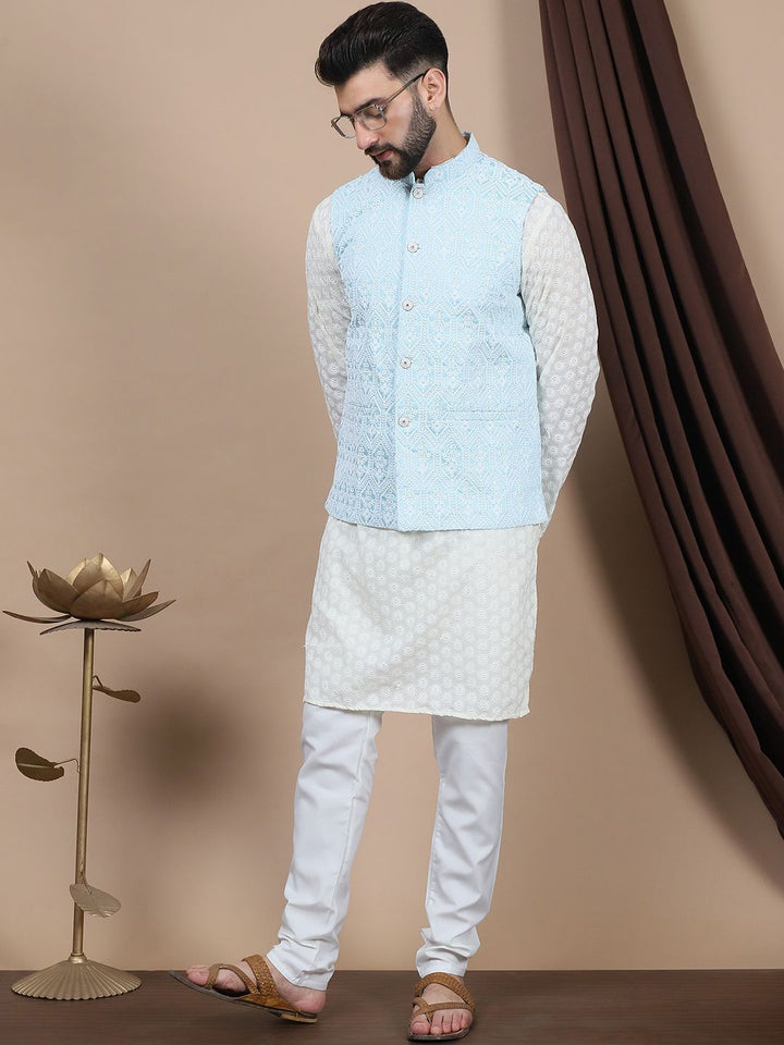 Anouk Floral Embroidered Regular Pure Cotton Straight Kurta With Churidar & Nehru Jacket