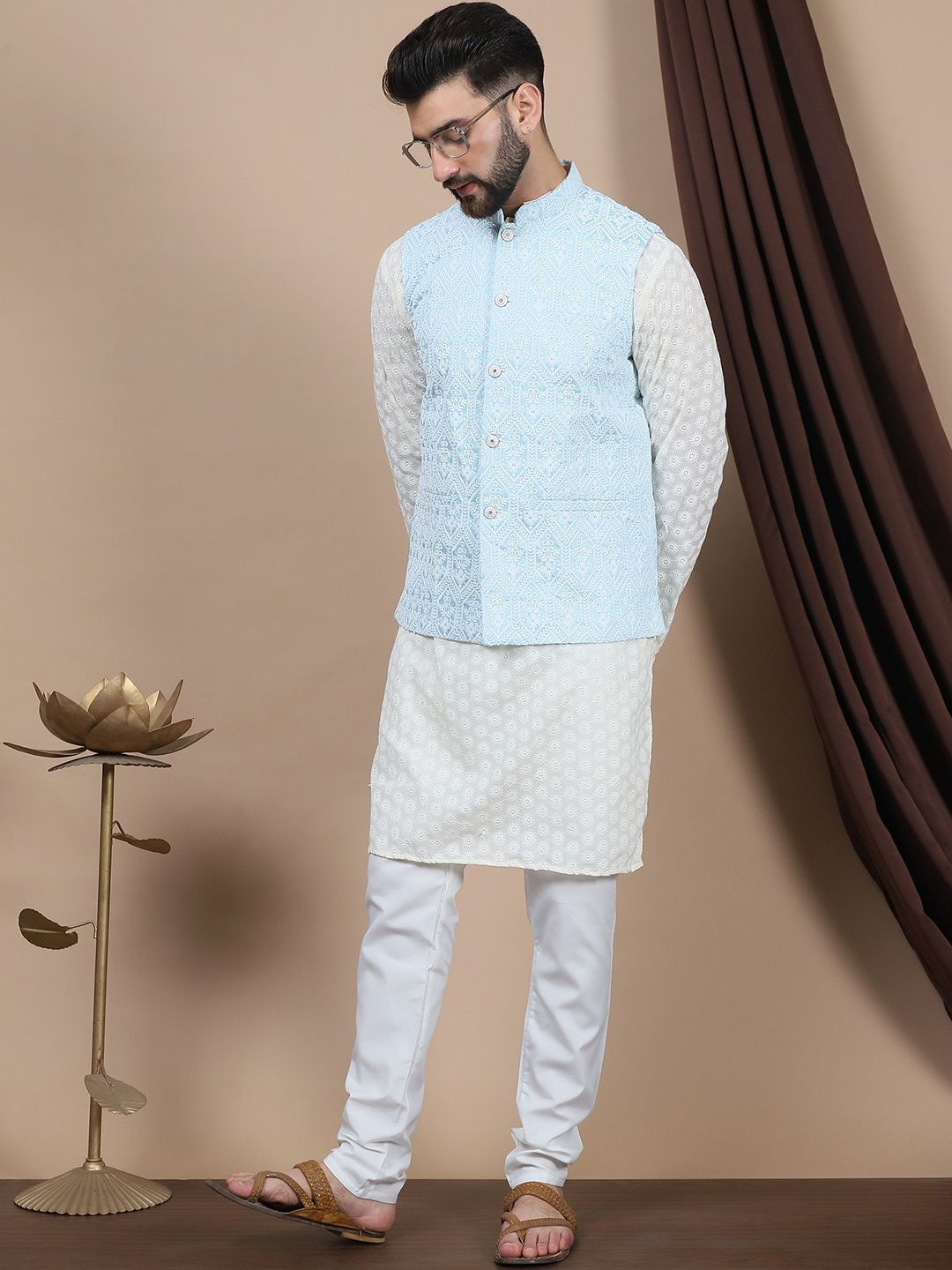 Anouk Floral Embroidered Regular Pure Cotton Straight Kurta With Churidar & Nehru Jacket