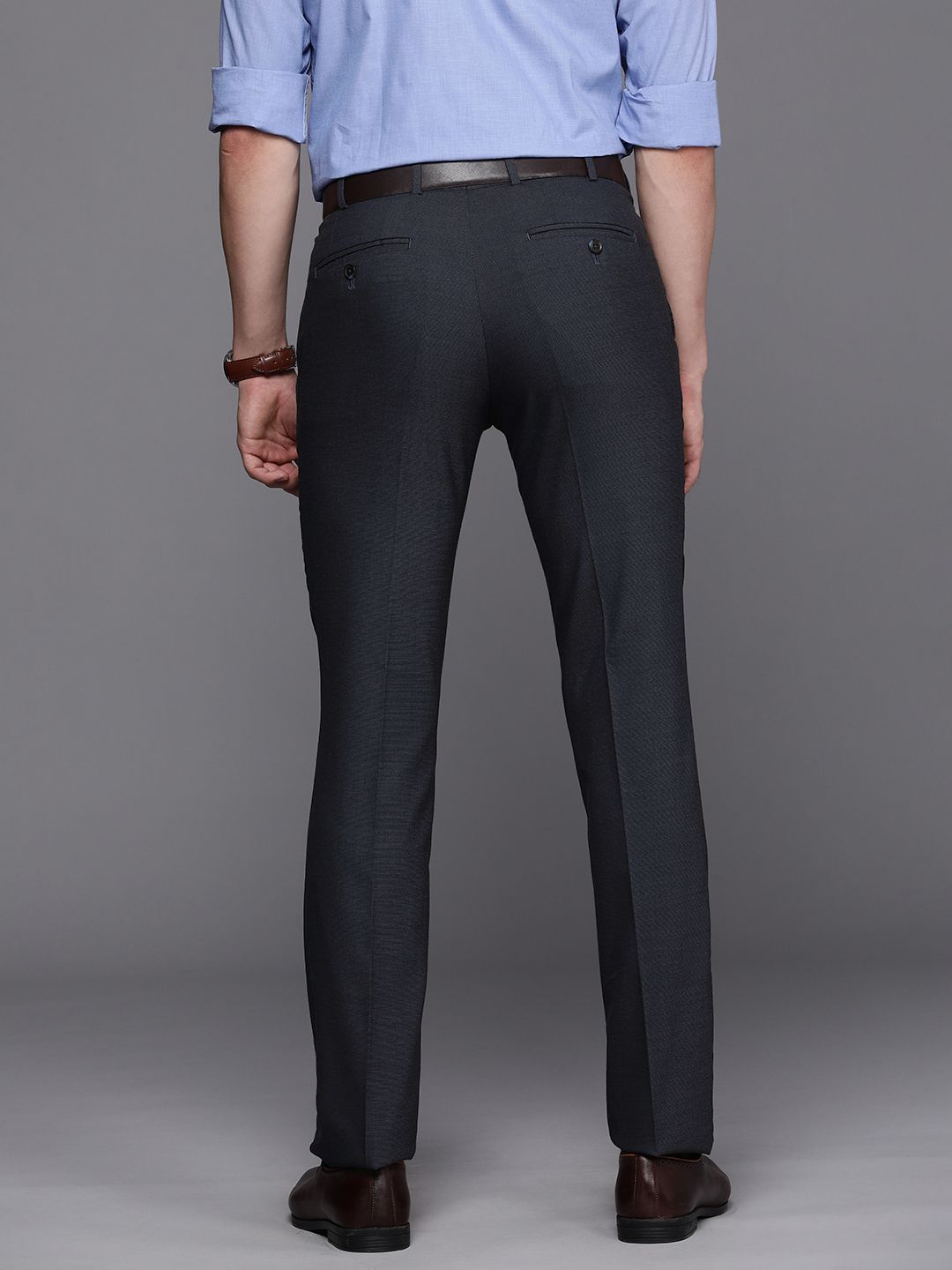 Raymond Men Navy Blue Textured Mid-Rise Slim Fit Trousers
