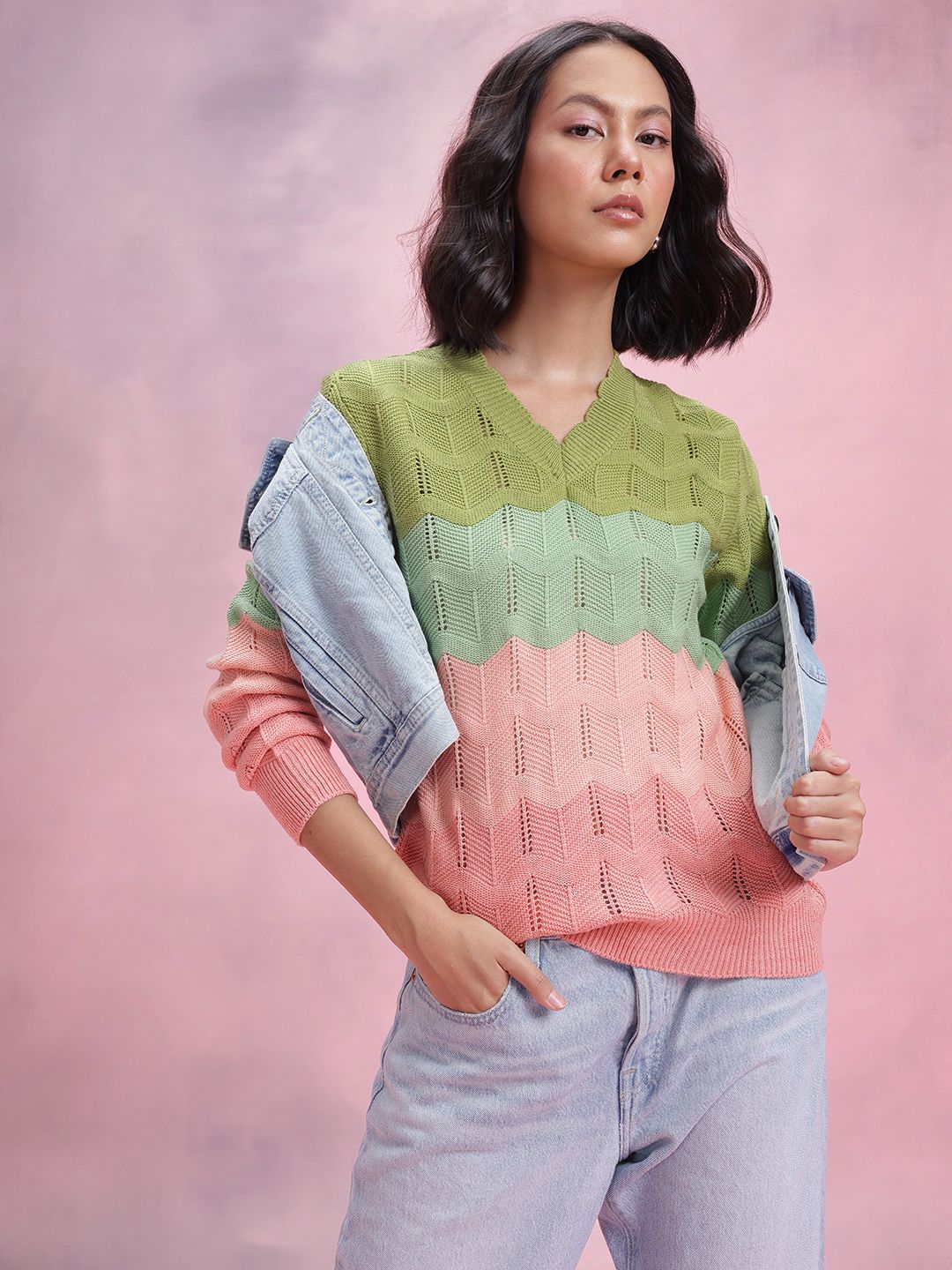 DressBerry Open Knit Striped Pullover