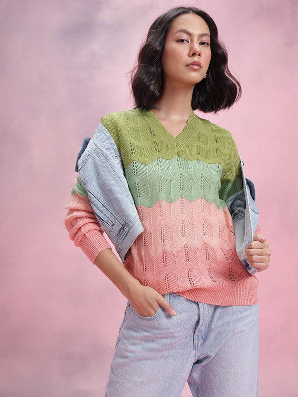 DressBerry Open Knit Striped Pullover