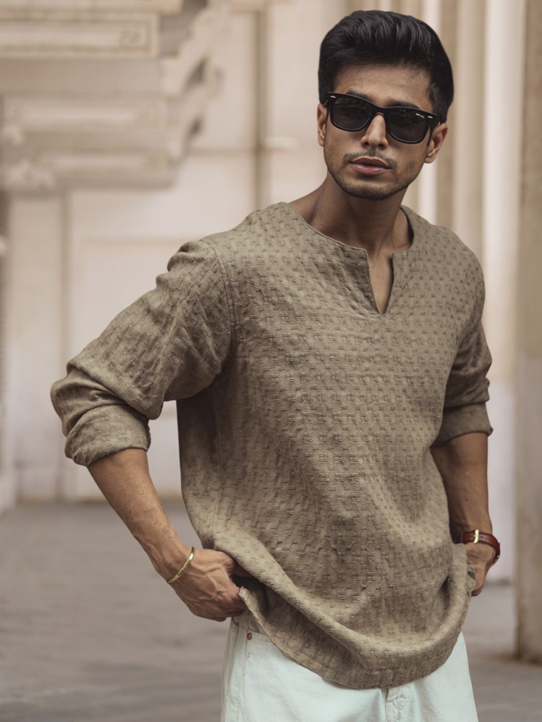 Powerlook Men Collarless Popcorn Texture Pure Cotton Casual Shirt