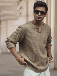 Powerlook Men Collarless Popcorn Texture Pure Cotton Casual Shirt