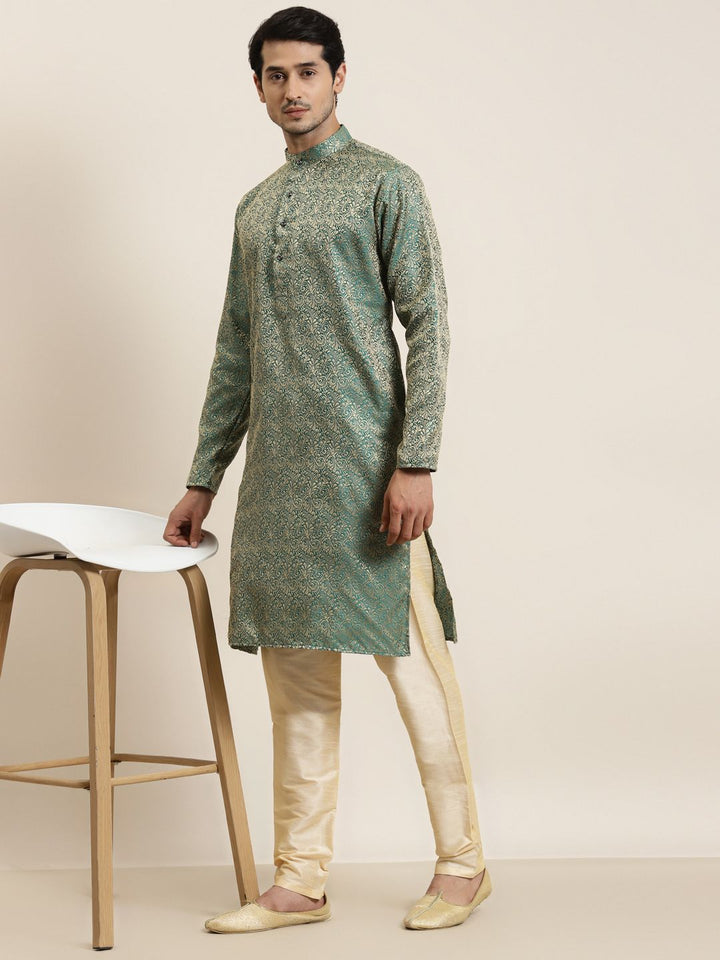 SOJANYA Men Green & Golden Ethnic Motifs Kurta