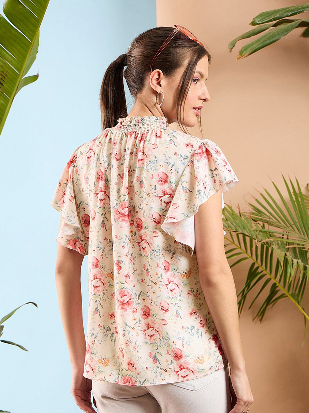 SASSAFRAS Floral Print Flared Sleeve Smocked Top