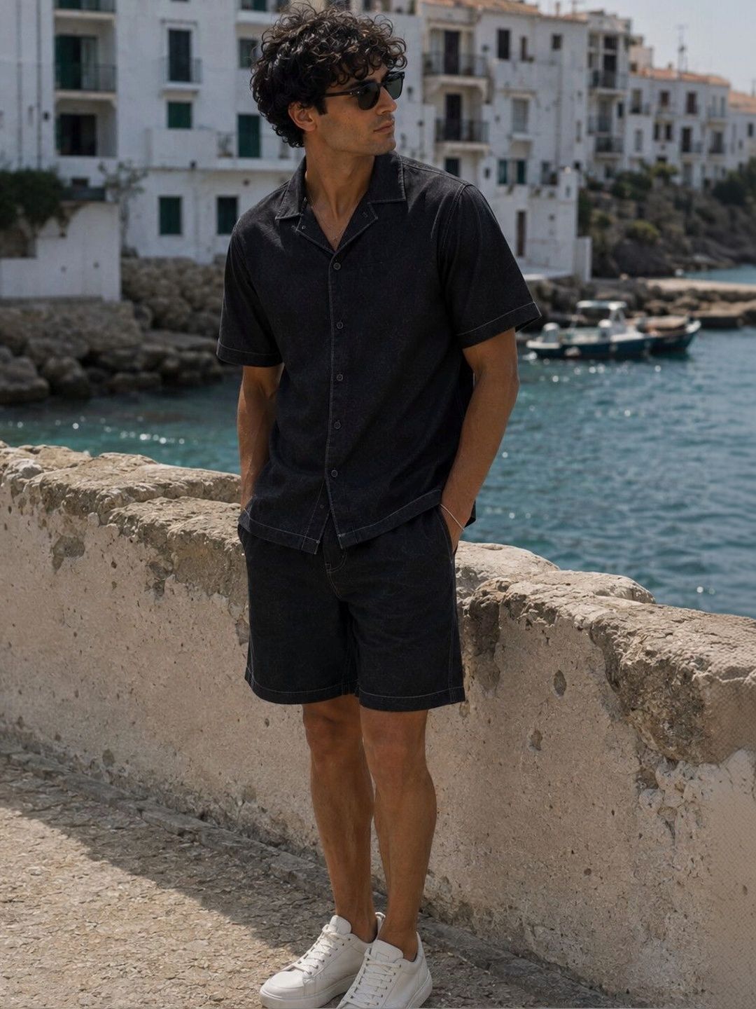 Eszett Black Textured Spread Collar Pure Cotton Shirt With Shorts Co-Ord Set